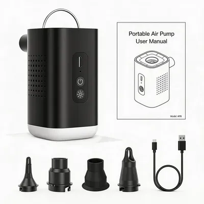 Produktbild von Camping Luftpumpe elektrisch Mini, tragbar mit LED Licht, für Luftmatratze, Pool & Luftballon, aufblasbar & absaugbar, USB wiederaufladbar