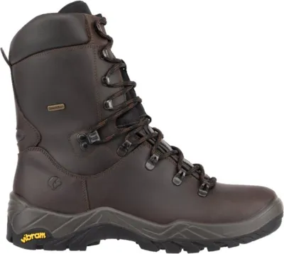 A single brown winter boot is shown against a white background.