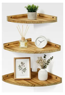 Produktbild von Hängendes Eckregal aus Holz, 3er Set, Vintage, rustikale Wandregale für Bücher, mit rundem Ende, schwebendes Regal für Badezimmer, Küche, Schlafzimmer, Wohnzimmer