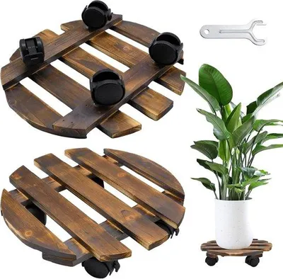 Produktbild von Famanu Pflanzenroller mit Rädern, 30 cm Holz Pflanzenuntersetzer - Robuste runde Pflanzenstandarde