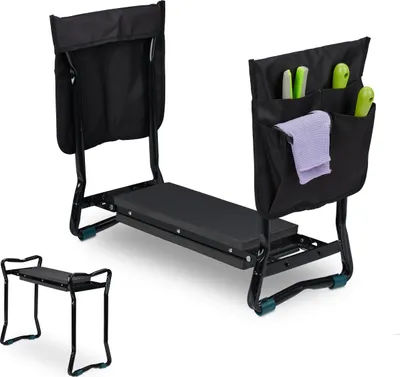 Immagine prodotto di Relaxdays Panca inginocchiata per giardinaggio, pieghevole, fino a 150 kg, incl. 2 tasche, supporto per le ginocchia imbottito, 50x60x27,5 cm, nero