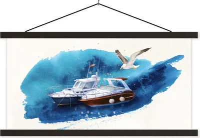 Produktbild von MuchoWow® Textilposter Boot - Meer - Aquarell 120x60 cm mit schwarzem Rahmen - Dekoration Schlafzimmer