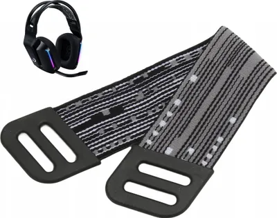 A pair of black and gray headband covers for headphones, with a pair of headphones in the upper left corner.