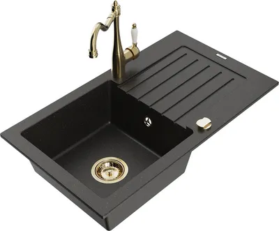 Produktbild von Mexen Pablo 1 Becken-Granitspüle mit Abtropffläche und Mischbatterie Carla, Schwarz/Gold metallisch - 6510-75-670700-50