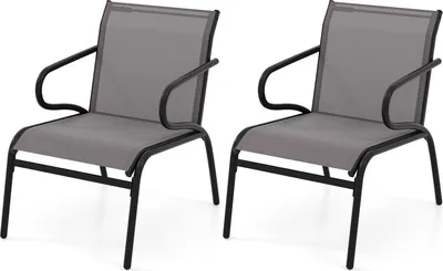Produktbild von COSTWAY Gartenstühle 2er Set, Balkonstühle mit atmungsaktivem Stoff, Armlehnen & Metallrahmen, Terrassenstühle bis 150 kg belastbar Grau