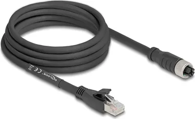 Produktbild von Delock M12 Kabel X-kodiert 8 Pin Buchse zu RJ45 Stecker Cat.5e S/FTP flexibel 3 m schwarz
