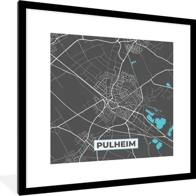 Produktbild von MuchoWow® Gerahmtes Poster Stadtplan - Karte - Pulheim - Blau - Deutschland - Karte 40x40 cm - Poster mit Schwarzem Bilderrahmen Wandposter Rahmen Foto Bilder - Poster - Plakat im Rahmen