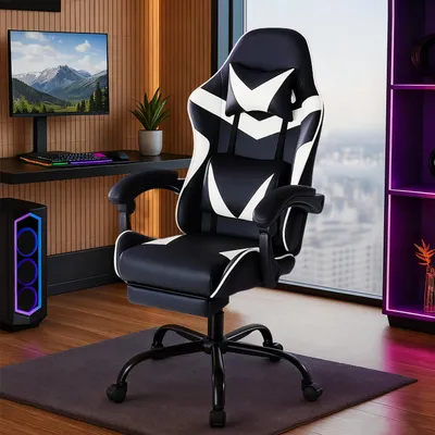 Produktbild von Gaming Stuhl, Chair Gamer Sessel - Ergonomischer Gamer Stuhl mit Fußstütze Kopfstütze und Lordosenstütz Höhenverstellbar Gepolstert Gamingstuhl 150 Kg