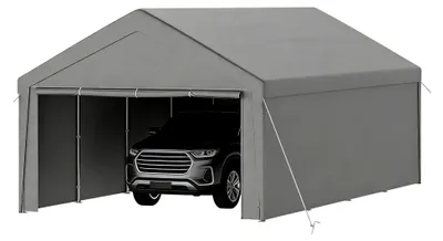 Produktbild von Carport Zeltgarage 4x8m, Winterfeste und wasserdichte Lagerzelt mit Metallrahmen und PE-Plane, Gerätehaus Fahrradgarage Gartenhaus mit Rolltüren für Auto, Motorrad, LKW, SUV, Boot und Fracht, Grau