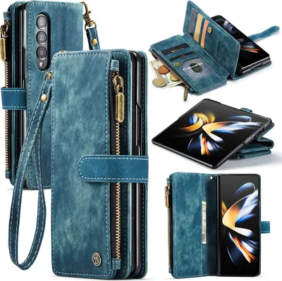 Obrázek produktu pro Galaxy Z Fold4 Pouzdro,PolyuretanKožené Pouzdro na Zip, Magnetické Uzavírání, Kapsa na Karty, Stojánek, Peněženka, Ochranné Pouzdro pro Samsung Galaxy Z Fold 4 5G modré