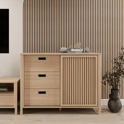 Produktbild von Forte JYTANA Sideboard 120, skandinavisches Sideboard mit 3 Schubladen und Schranktür, Riva Eiche Holzdekor, 119,8 cm breit x 91,5 cm hoch x 40,2 cm tief