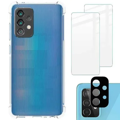 A clear phone case, two screen protectors, and a lens protector are displayed against a white background.