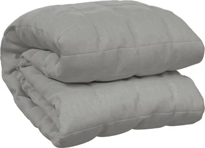 A folded gray weighted blanket.