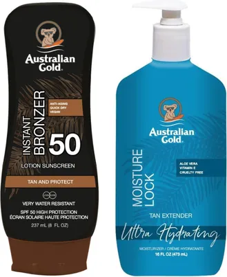 Produktbild von Australian Gold balsam mit Bronzer SPF50 + Feuchtigkeitsschloss 473 ml