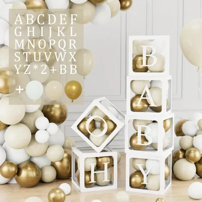Image de Kit de décoration pour baby shower, comprenant 105 pièces : 6 boîtes transparentes pour ballons, 54 lettres et 45 ballons en latex de couleur sable, blanc et or