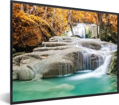 Produktbild von MuchoWow® Gerahmtes Poster Wald - Wasserfall - Herbst 40x30 cm - Poster mit Schwarzem Bilderrahmen Wandposter Rahmen Foto Bilder - Kunstposter - Wanddekorationen