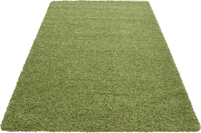 A green shaggy rug is shown from a diagonal angle on a white background.