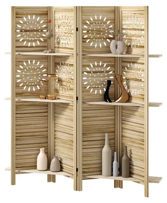Produktbild von Raumteiler mit 4 Paneelen und 3 Regalen, 160 x 170 cm, faltbar aus Paulownia-Holz, Trennwand für Wohnzimmer und Schlafzimmer, Naturholz