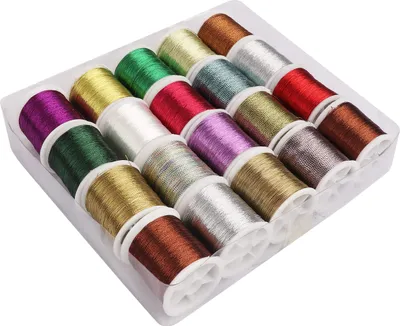 Produktbild von Kurtzy 20 Set Metallicfarbenes Polyester Stickgarn für Stickmaschine – 40 m Sortiertes Glitzer Maschinen Stickgarn mit Spule – Nähgarn Set für
