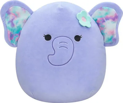 A close-up studio shot of a purple elephant plush toy.