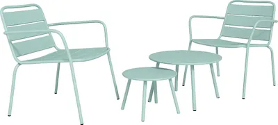 Produktbild von Garten-Sitzgruppe: 2 Beistelltische + 2 stapelbare Sessel - Metall - Hellgrün - MIRMANDE von MYLIA
