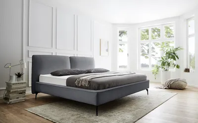 Produktbild von Meise Möbel Polsterbett Infinity 160x200 cm | Doppelbett | Bettgestell | Kopfteil in Kissenoptik | Webstoff Grau | Metallfuß schwarz