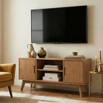 Produktbild von TV Lowboard TIVOLI 115cm, Kastanien Finish - Kiefer Massivholz, schmaler Fernsehtisch mit Stauraum und offenem Fach, modernes skandi Design