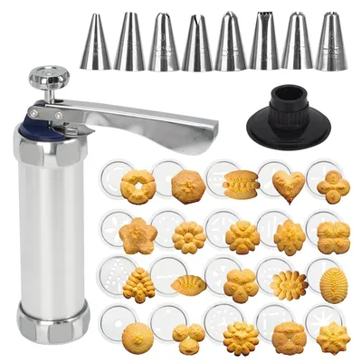 Produktbild von Gebäckpresse - Edelstahl mit 20 Schablonen und 8 Tüllen - Backzubehör für Plätzchen - Silberfarben