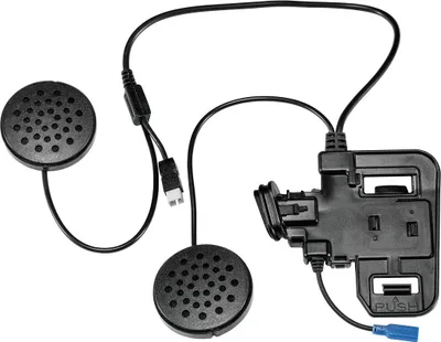 A black electronic device with two circular speakers and a clip attachment, laid out on a white background.