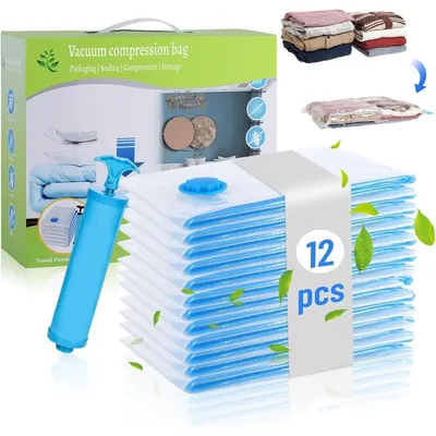 Productafbeelding van Set van 12 vacuümzakken voor kleding, 60x40 cm, ruimtebesparend, met handpomp, gemaakt van PA en PE