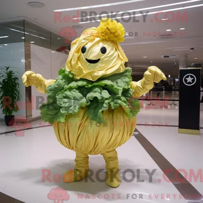 Produktbild von Maskottchencharakter REDBROKOLY eines Goldkohls mit Minirock und Handschuhen