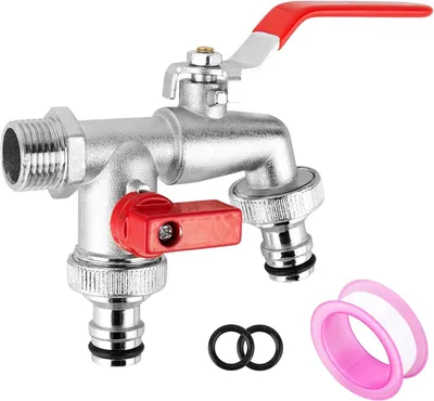 Produktbild von Doppel Auslaufhahn, Wasserhahn Garten, Gartenwasserhähne, Doppelwasserhahn mit 1/2 Zoll Anschluss und 3/4 Zoll Adapter, Doppel Kugel-Auslaufventil