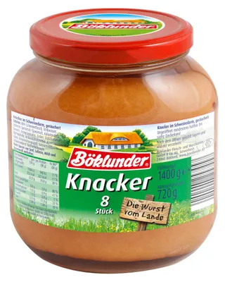 Zdjęcie produktu dla Kiełbaski Böklunder Knacker 8 sztuk odsączone waga 720g słoik 1400g