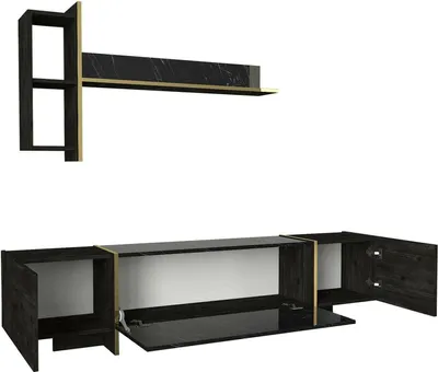Image de Beinasco - Meuble TV, 180x32x45h cm Noir, 2 Étagères