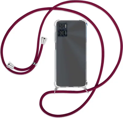 Produktbild von Handykette Backcover-Schutzhülle mit Band (Metall silberfarben) für Motorola Moto E22, Moto E22i 4G - dunkelrot