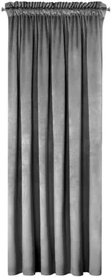 A full-length gray curtain with a gathered top, hanging vertically against a white background.