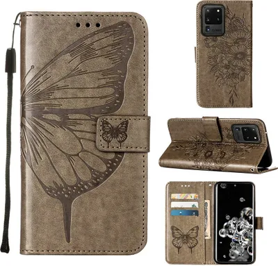 Produktbild von Galaxy S20 Ultra Hülle, Schmetterling Prägung Flip Leder Kartenfächer Schutzhülle Ledertasche mit Ständer für Samsung Galaxy S20 Ultra Grau
