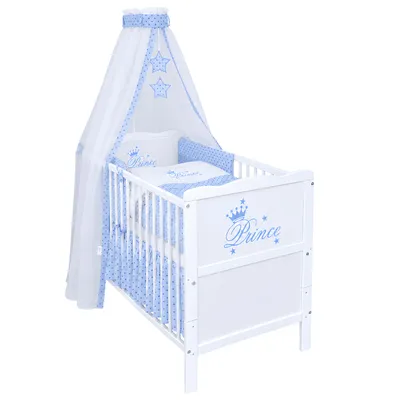 Produktbild von Baby-Delux Babybett Kinderbett Gitterbett Prince 60x120 Weiß inkl. 10-tlg Prince Stars Bettwäsche Set Matratze, Beißschienen zum Schutz