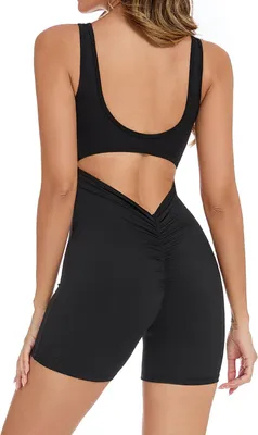Produktbild von Damen-Overall ohne Ärmel, kurzes Modell, eng anliegend mit offenem Rücken und Raffeffekt, ideal für sportliche Aktivitäten