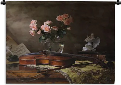 Produktbild von MuchoWow® Wandteppich Wandbehang Violine - Rosen - Rosa - Blumen - Stilleben 90x67.5 cm Tapisserie Dekoration Wandtuch - Fototeppich - Wand-Skulpturen