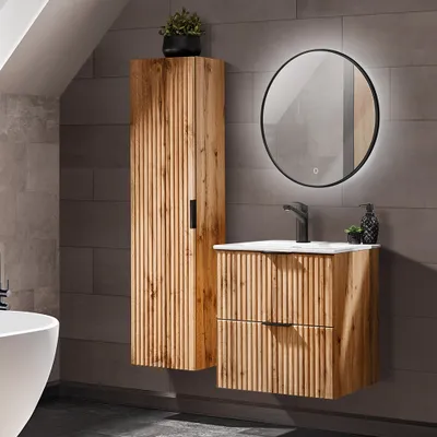 Produktbild von Badmöbel Set 60cm Waschtisch mit Unterschrank Wotaneiche Rillenoptik, B/H/T 110/200/46 cm