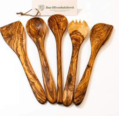 Produktbild von 5er Set Pfannenwender, Kochlöffel, Löffel mit Mulde und Ecke und Salatbesteck 35 cm