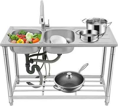 Produktbild von Edelstahl Spültisch, Doppelspülbecken Küchenspüle Spülbecken Mit Unterschrank, Ausgussbecken Mit Armatur, Freistehende Spüle Für Küche Restaurant, 120 * 50 * 80 cm