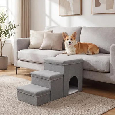 Produktbild von Haustiertreppe 'Vojens' mit Stauraum und Höhle 3 Stufen 76 x 33 x 43 cm faltbar Grau