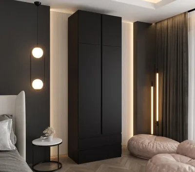 Produktbild von Drehtürenschrank 240x70x48 cm Schwarz mit Aufsatz und 2 Schubladen – Moderner Kleiderschrank ideal für Schlafzimmer und Flur