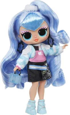 A doll with blue hair and a fashionable outfit.