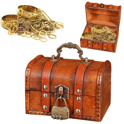 Holz-Schatzstruhe mit Zahlenschloss, 14x10x10 cm, Vintage