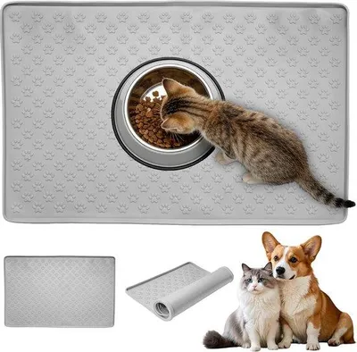 Produktbild von Famanu Futterplatzunterlage für Hunde und Katzen - Wasserabweisende Antirutsch-Silikonmatte, 48 x 30 cm