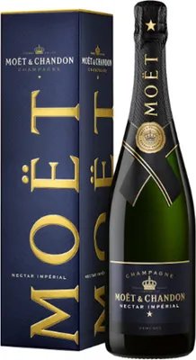 A bottle of Moët & Chandon Nectar Impérial Champagne and its gift box are displayed against a white background.