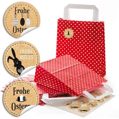 Produktbild von 24 kleine rot weiß gepunktete Papiertüten Geschenktüte 18 x 8 x 22 cm kleine Papiertaschen + 24 Oster-Aufkleber beige natur Kraftpapier FROHE OSTERN Verpackung Ostergeschenke give-awayOsteraufkleber schwarz weiß